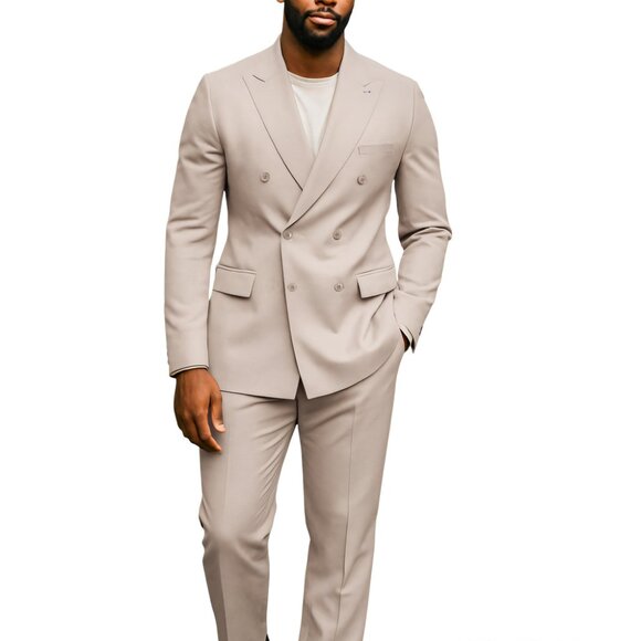 Solid Tan Double Breasted 2 Piece Tailored Fit Azzuro Men's Suit - Picture 1 of 1